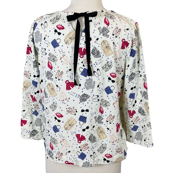 Talbots 3/4 Sleeve Knit Tee Tie Keyhole Back Paris Fashion Print XL - Picture 4 of 6